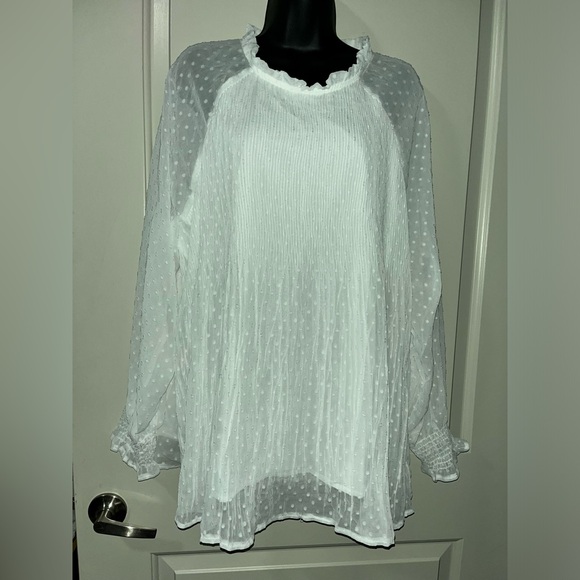 Maacie Tops - Womens Mock Neck Tops Mesh Long Sleeve Shirts Polka Dot Ruffle Elegant Blouse 2X